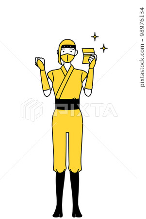 A woman in a ninja costume who is happy to see her bankbook 98976134