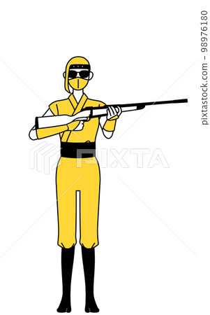 Woman wearing sunglasses and cosplaying as a ninja with a rifle 98976180