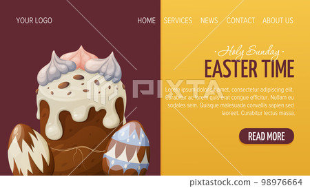 Web page design for Happy Easter. Traditional festive cake with glaze and meringue, colorful eggs. Vector illustration, template for poster, banner, website. Web page design for Happy Easter. Traditional festive cake with glaze and meringue, colorful eggs. Vector illustration, template for poster, banner, website. 98976664