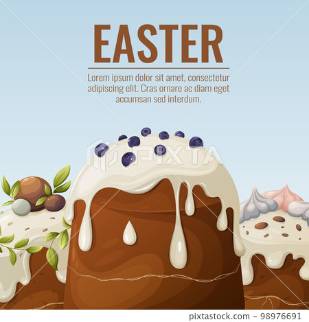 Easter cakes with white icing, decorated with blueberries, meringue. Square background with place for text. Vector illustration of baking for the spring religious holiday. For banner, poster Easter cakes with white icing, decorated with blueberries, meringue. Square background with place for text. Vector illustration of baking for the spring religious holiday. For banner, poster 98976691