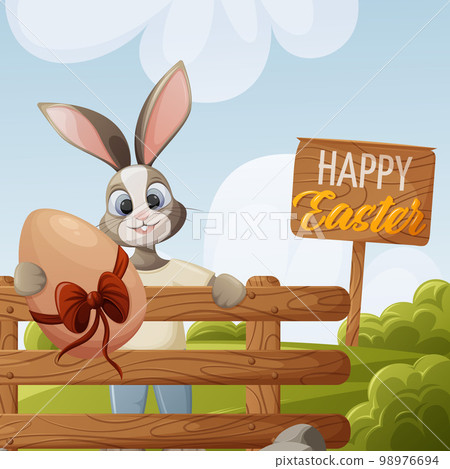 Easter background. A bunny on a green lawn stands behind a rustic fence and holds a large egg with a bow. Vector illustration in cartoon style. Natural landscape. For banner, postcard, kids book 98976694