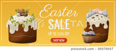 Easter sale. Festive pastries, cakes and cupcakes decorated with icing and chocolate. Vector illustration for the spring holiday. Bright horizontal banner, flyer, poster Easter sale. Festive pastries, cakes and cupcakes decorated with icing and chocolate. Vector illustration for the spring holiday. Bright horizontal banner, flyer, poster 98976697
