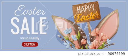 Easter sale. Bunny ears, flowers and willow branches. Wooden board with text. Vector illustration for the spring holiday. Blue horizontal banner, flyer, poster Easter sale. Bunny ears, flowers and willow branches. Wooden board with text. Vector illustration for the spring holiday. Blue horizontal banner, flyer, poster 98976699