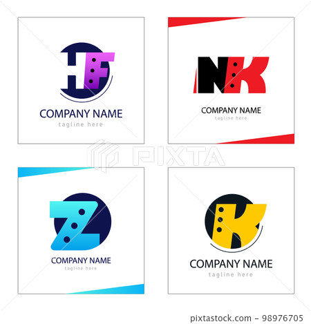Set color Logo with dot. Initial Letter N Z K H. Black, red, blue sign in black circle. 98976705