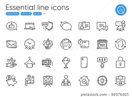 Augmented reality, Id card and Portable computer line icons. Collection of Smartphone cover, Organic product, Talk bubble icons. Feedback, Bitcoin coin, Map web elements. Meeting time. Vector Augmented reality, Id card and Portable computer line icons. Collection of Smartphone cover, Organic product, Talk bubble icons. Feedback, Bitcoin coin, Map web elements. Meeting time. Vector 98976805