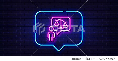 Neon light speech bubble. Lawyer line icon. Court judge sign. Justice scale symbol. Neon light background. Lawyer glow line. Brick wall banner. Vector 98976892