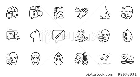 Outline set of Face verified, Face biometrics and Sick man line icons for web application. Talk, information, delivery truck outline icon. Include Sun protection, Ph neutral, No alcohol icons. Vector 98976931