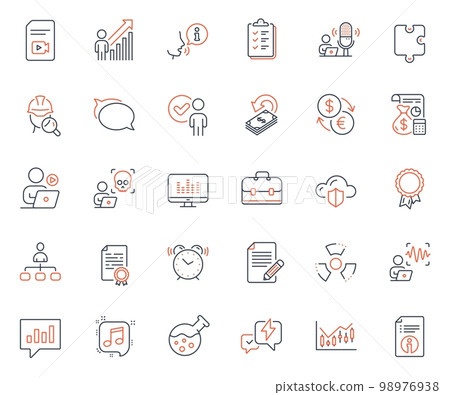 Education icons set. Included icon as Musical note, Verification person and Financial diagram web elements. Certificate diploma, Lightning bolt, Puzzle icons. Technical info, Accounting. Vector 98976938