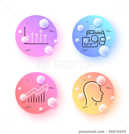 Inspect, Head and Growth chart minimal line icons. 3d spheres or balls buttons. Demand curve icons. For web, application, printing. Money budget, Human profile, Upper arrows. Vector Inspect, Head and Growth chart minimal line icons. 3d spheres or balls buttons. Demand curve icons. For web, application, printing. Money budget, Human profile, Upper arrows. Vector 98976939