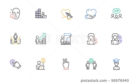 Inventory, Moisturizing cream and Painter line icons for website, printing. Collection of Social care, Floor lamp, Employee result icons. Touchscreen gesture, Victory hand. Vector Inventory, Moisturizing cream and Painter line icons for website, printing. Collection of Social care, Floor lamp, Employee result icons. Touchscreen gesture, Victory hand. Vector 98976940