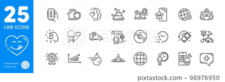 Outline icons set. Globe, Cloakroom and Engineering team icons. Pyramid chart, World weather, Home insurance web elements. Waiting, Truck parking, Honeymoon travel signs. Yummy smile. Vector 98976950