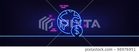 Neon light glow effect. Global business line icon. International outsourcing sign. Financial marketing symbol. 3d line neon glow icon. Brick wall banner. Global business outline. Vector 98976951
