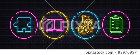 Chemistry lab, Book and Puzzle minimal line icons. Neon laser 3d lights. Checklist icons. For web, application, printing. Laboratory flask, E-learning course, Puzzle piece. Vector 98976957