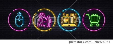 Swipe up, Discount and Recipe book minimal line icons. Neon laser 3d lights. Shopping cart icons. For web, application, printing. Scrolling page, Sale shopping, Food. Gift box. Vector 98976964