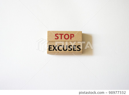 Stop excuses symbol. Concept words Stop excuses on wooden blocks. Beautiful white background. Business and Stop excuses concept. Copy space. Stop excuses symbol. Concept words Stop excuses on wooden blocks. Beautiful white background. Business and Stop excuses concept. Copy space. 98977332