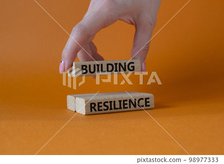 Building resilience symbol. Wooden blocks with words Building resilience. Businessman hand. Beautiful orange background. Business and Building resilience concept. Copy space. 98977333
