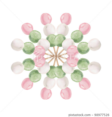 Watercolor hand drawn traditional Japanese sweets. Three color dango, pink, white and green. Isolated on white background. Design for invitations, restaurant menu, greeting cards, print, textile. 98977526