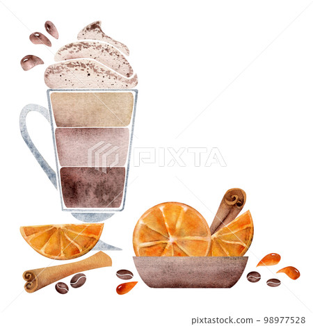 Watercolor hand drawn composition with layered latte coffee cup, whipped cream, orange, cinnamon. Isolated on white background. For invitations, cafe, restaurant food menu, print, website, cards 98977528