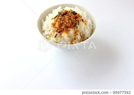 Egg furikake sprinkled over rice served in a bowl Egg furikake sprinkled over rice served in a bowl 98977562