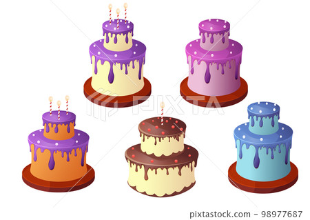 Set birthday cakes with cream, drip, candles, collection anniversary deserts in cartoon style isolated on white background 98977687