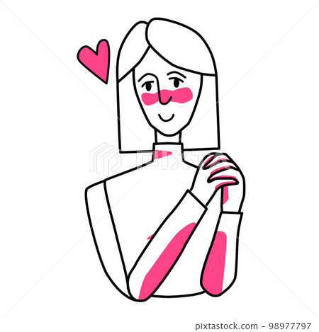 Shy woman with emotion of love. Beloved female half body drawing, sweetheart tender mood of a maid, amour affection flirting. Line with pink spots style. 98977797