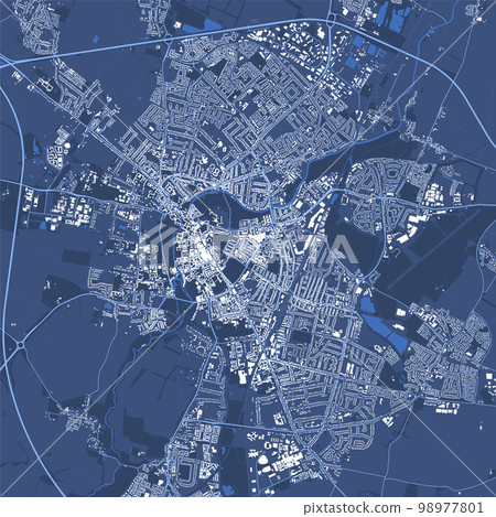 Blue square Cambridge map, the UK. Skyline city map with roads and railways, parks and rivers. Blue square Cambridge map, the UK. Skyline city map with roads and railways, parks and rivers. 98977801