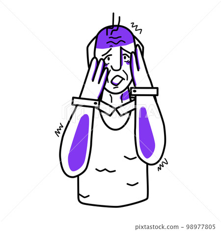 Frightened grandfather, emotion of fear. Afraid half body elderly man line drawing, horror panic mood, dread, cover his face with hands. Frightened grandfather, emotion of fear. Afraid half body elderly man line drawing, horror panic mood, dread, cover his face with hands. 98977805