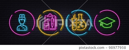 Doctor, Accounting and Chemistry flask minimal line icons. Neon laser 3d lights. Graduation cap icons. For web, application, printing. Medicine person, Clipboard, Laboratory. University. Vector Doctor, Accounting and Chemistry flask minimal line icons. Neon laser 3d lights. Graduation cap icons. For web, application, printing. Medicine person, Clipboard, Laboratory. University. Vector 98977938