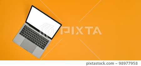 Mock up laptop computer with empty screen on yellow background. Copy space for text information or content 98977958