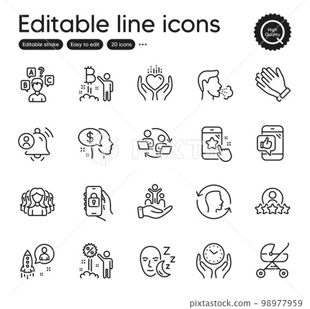 Set of People outline icons. Contains icons as Face id, Startup and Women group elements. Mobile like, Discount, Safe time web signs. User notification, Human rating, Quiz test elements. Vector Set of People outline icons. Contains icons as Face id, Startup and Women group elements. Mobile like, Discount, Safe time web signs. User notification, Human rating, Quiz test elements. Vector 98977959