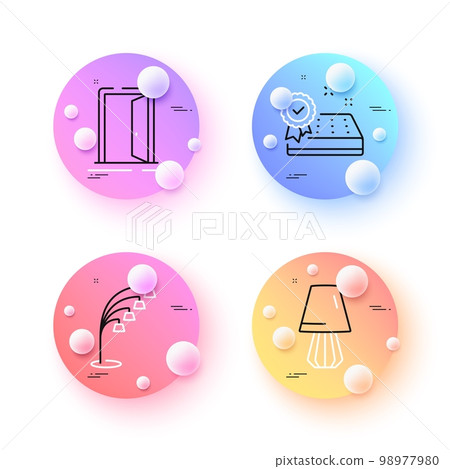 Mattress guarantee, Table lamp and Open door minimal line icons. 3d spheres or balls buttons. Floor lamp icons. For web, application, printing. Sleeping pad, Entrance. Vector 98977980