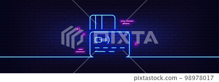 Neon light glow effect. Credit card line icon. Bank money payment sign. Non-cash pay symbol. 3d line neon glow icon. Brick wall banner. Card outline. Vector 98978017