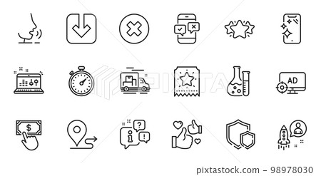 Outline set of Load document, Journey and Startup line icons for web application. Talk, information, delivery truck outline icon. Include Seo adblock, Payment click, Like icons. Vector Outline set of Load document, Journey and Startup line icons for web application. Talk, information, delivery truck outline icon. Include Seo adblock, Payment click, Like icons. Vector 98978030