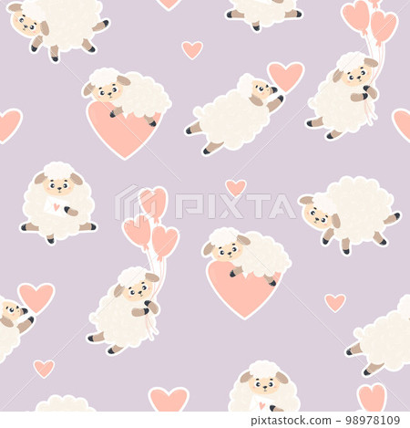 Seamless pattern with cute lambs on light purple background with hearts. Vector illustration. Endless background with cartoon farm animals for valentines, wallpapers, packaging, print, kids Seamless pattern with cute lambs on light purple background with hearts. Vector illustration. Endless background with cartoon farm animals for valentines, wallpapers, packaging, print, kids 98978109