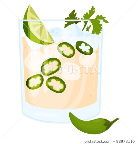 Mexican cocktail Spicy Jalapeno Margaritas. Vector illustration. Latin American popular drink in flat style for menu design and decoration, culinary themes. Mexican cocktail Spicy Jalapeno Margaritas. Vector illustration. Latin American popular drink in flat style for menu design and decoration, culinary themes. 98978110