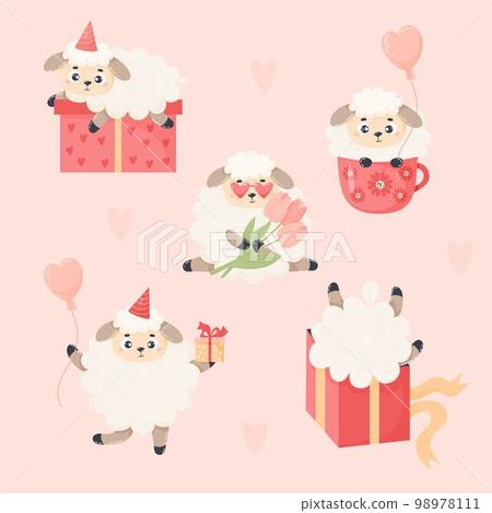 Collection cute festive sheep with gifts, balloons and bouquet of tulips. Vector illustration. Isolated cartoon romantic farm animals for kids collection, design, decor, holiday cards and valentines. 98978111
