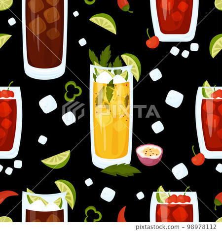 Seamless pattern with Mexican cocktails. Passion Fruit Mojito, Charro Negro and Cherry limeade drink in glass on black background with ice cubes and chili. Vector pattern with latin american drink. 98978112
