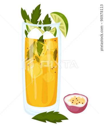 Passion Fruit Mojito tropical Cuban cocktail. Mojitos summer cocktail in glass with ice cubes, mint and lime. Vector illustration Latin American drink in cartoon style for design and decoration. 98978113