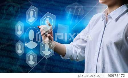 Young female communicating with friends, using digital screen 98978472