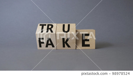 True vs Fake symbol. Wooden cubes with words Fake and True. Beautiful grey background. Business and True vs Fake concept. Copy space True vs Fake symbol. Wooden cubes with words Fake and True. Beautiful grey background. Business and True vs Fake concept. Copy space 98978524