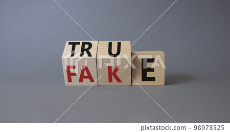 True vs Fake symbol. Wooden cubes with words Fake and True. Beautiful grey background. Business and True vs Fake concept. Copy space True vs Fake symbol. Wooden cubes with words Fake and True. Beautiful grey background. Business and True vs Fake concept. Copy space 98978525