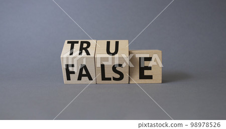 True vs False symbol. Wooden cubes with words False and True. Beautiful grey background. Business and True vs False concept. Copy space. True vs False symbol. Wooden cubes with words False and True. Beautiful grey background. Business and True vs False concept. Copy space. 98978526