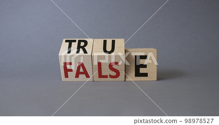 True vs False symbol. Wooden cubes with words False and True. Beautiful grey background. Business and True vs False concept. Copy space. True vs False symbol. Wooden cubes with words False and True. Beautiful grey background. Business and True vs False concept. Copy space. 98978527