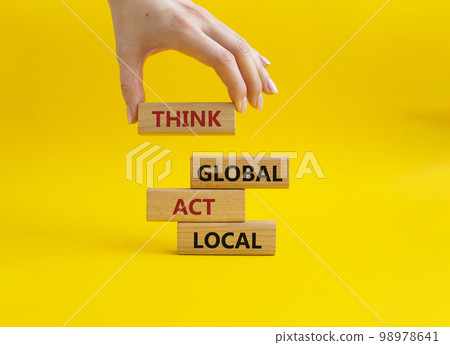 Think global act local symbol. Wooden blocks with words Think global act local. Beautiful yellow background. Businessman hand. Business and Think global act local concept. Copy space. 98978641