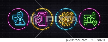 Warning, Phone insurance and Cogwheel minimal line icons. Neon laser 3d lights. Map icons. For web, application, printing. Important message, Full coverage, Edit settings. Journey road. Vector 98978691