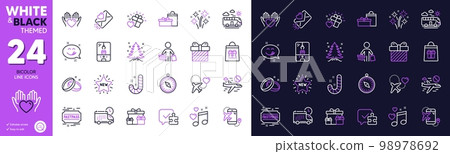 Surprise, New star and Honeymoon travel line icons for website, printing. Collection of Cancel flight, Hold heart, Love music icons. Buyer, Flight destination, Fireworks web elements. Vector 98978692
