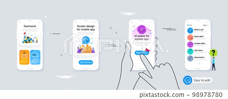 Set of Tablet pc, Free delivery and Security network line icons. Phone ui interface. Include Mail, Love letter, Document attachment icons. Wallet, Engineering team, Bicycle web elements. Vector 98978780