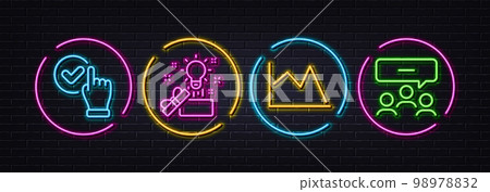 Creative idea, Checkbox and Line chart minimal line icons. Neon laser 3d lights. Meeting icons. For web, application, printing. Present box, Confirmed, Financial graph. Team business. Vector 98978832