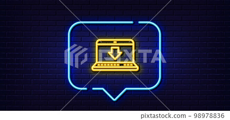 Neon light speech bubble. Download line icon. Internet Downloading with Laptop sign. Load file symbol. Neon light background. Internet downloading glow line. Brick wall banner. Vector Neon light speech bubble. Download line icon. Internet Downloading with Laptop sign. Load file symbol. Neon light background. Internet downloading glow line. Brick wall banner. Vector 98978836