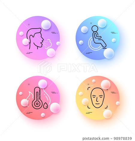Cough, Face detection and Disability minimal line icons. 3d spheres or balls buttons. Fever temperature icons. For web, application, printing. Vector Cough, Face detection and Disability minimal line icons. 3d spheres or balls buttons. Fever temperature icons. For web, application, printing. Vector 98978839
